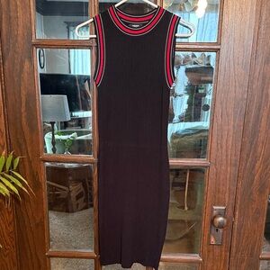 black dress with red stripe down the side Black Stripe Short Sleeve Midi Dress - Shirt Dresses